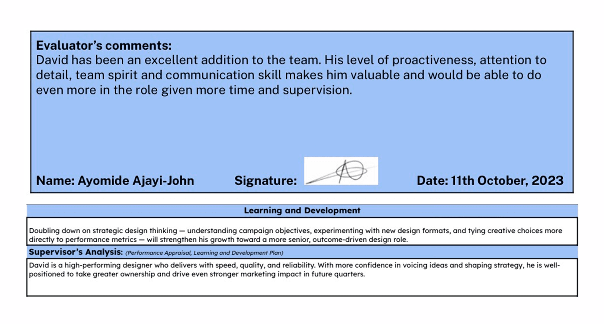 Evaluator comments from Ayomide Ajayi-John highlighting proactiveness, attention to detail, team spirit and communication skills