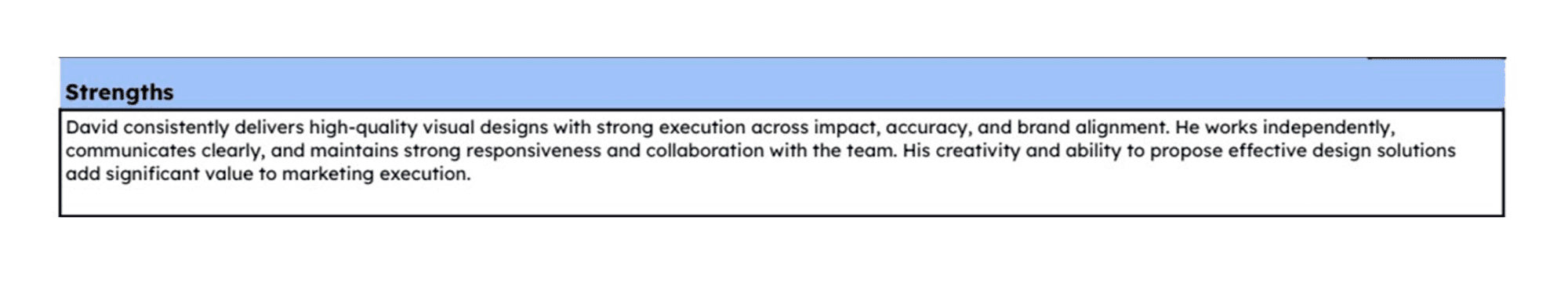 Strengths assessment noting high-quality visual designs, strong execution, independent work, clear communication, and effective design solutions
